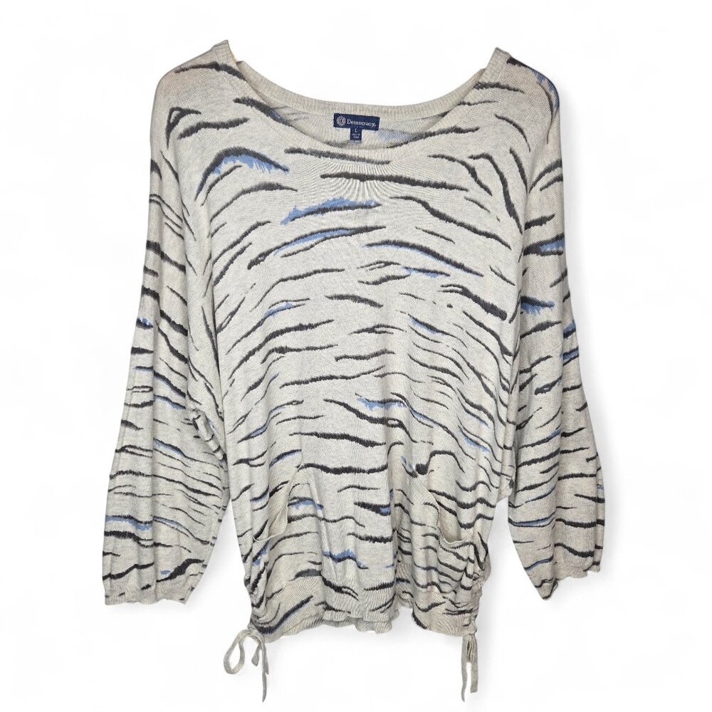 Democracy Oversized Animal Print Sweater Women's Scoop Neck Ruched Side Hem L